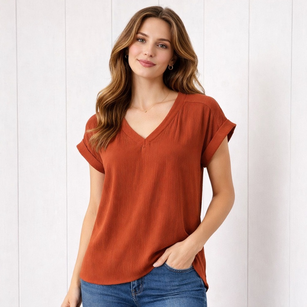 Simply Vera Wang Rust High Low Blouse Medium V Neck Textured Short Sleeve Top